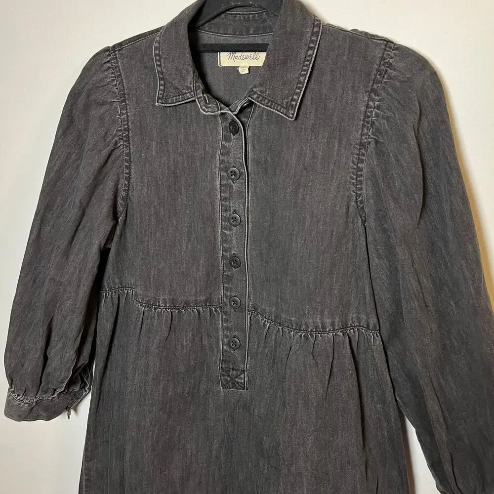 Madewell Denim Babydoll Shirt Dress Washed Black Jean Size XXS‎ Cottagecore Boho